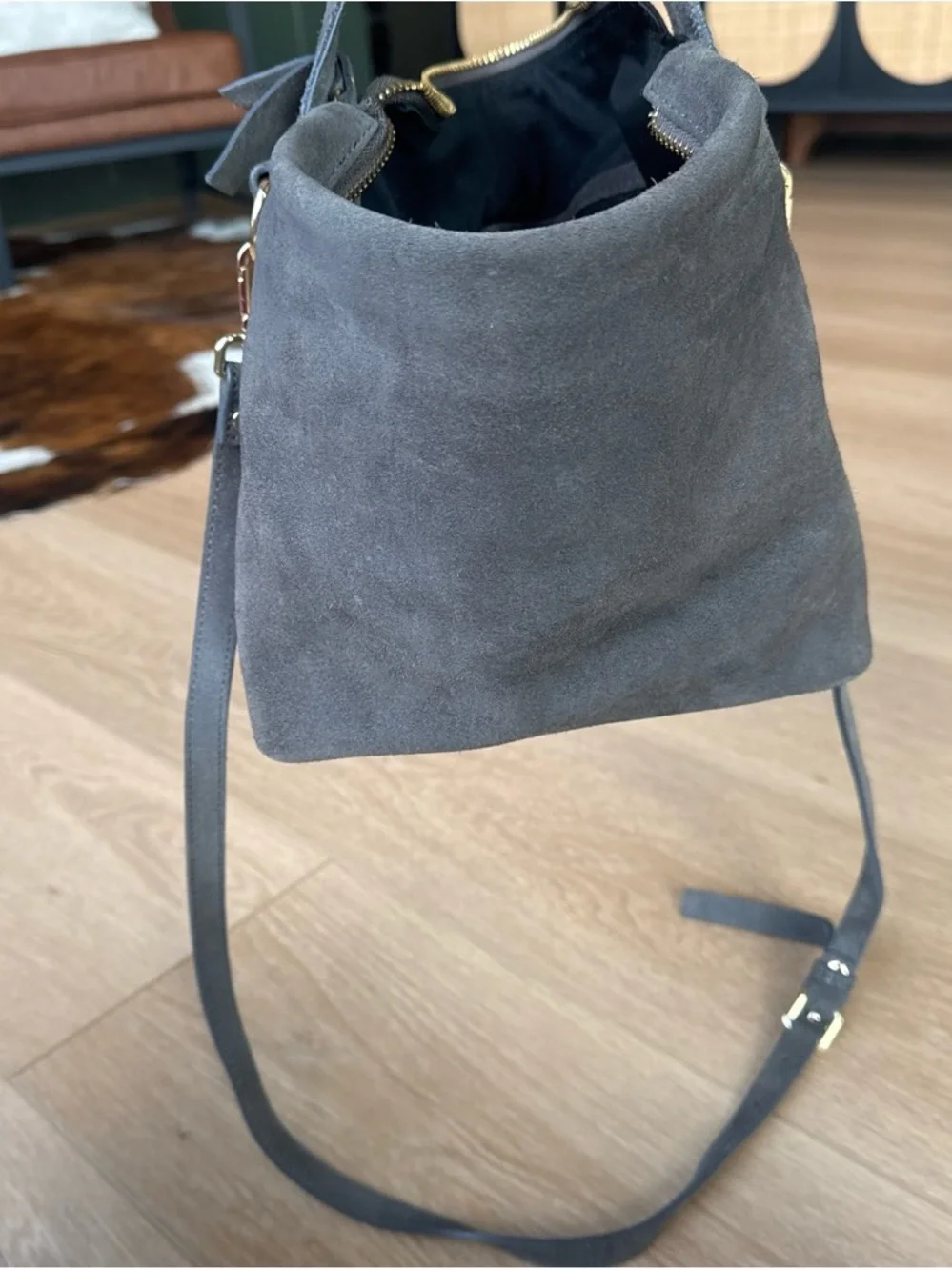 Claudia Firenze Italian Leather- Made in Italy, Gray Suede Crossbody Bucket Bag